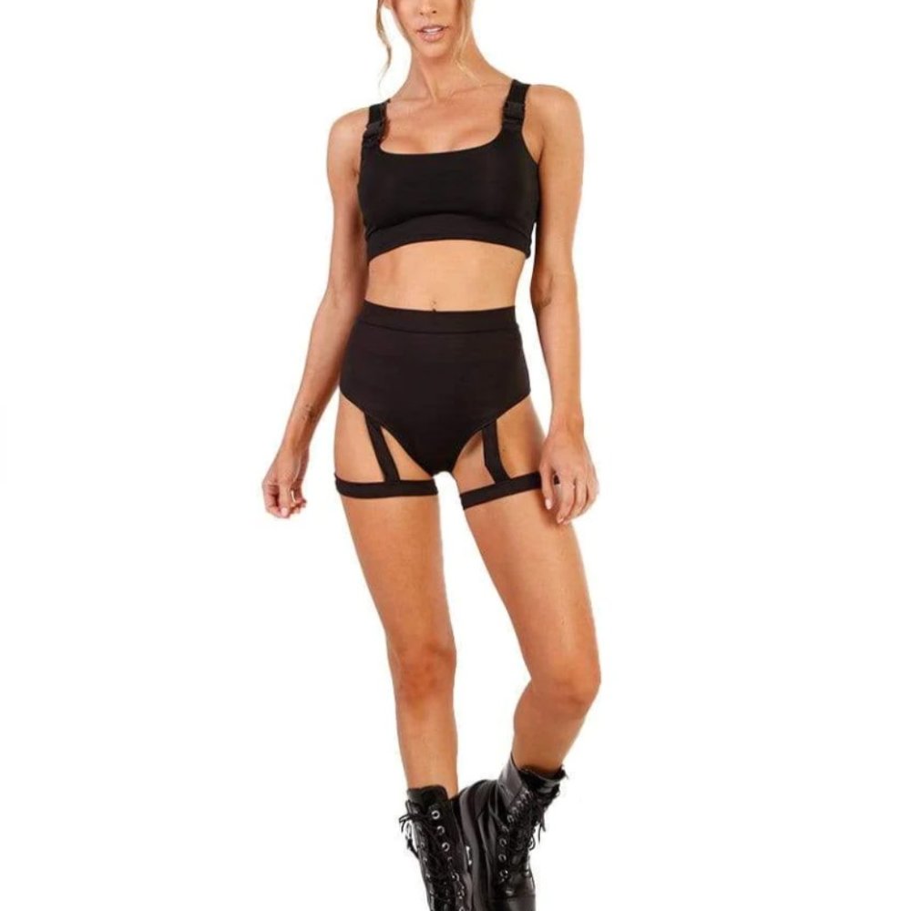 Black stirrup booty shorts